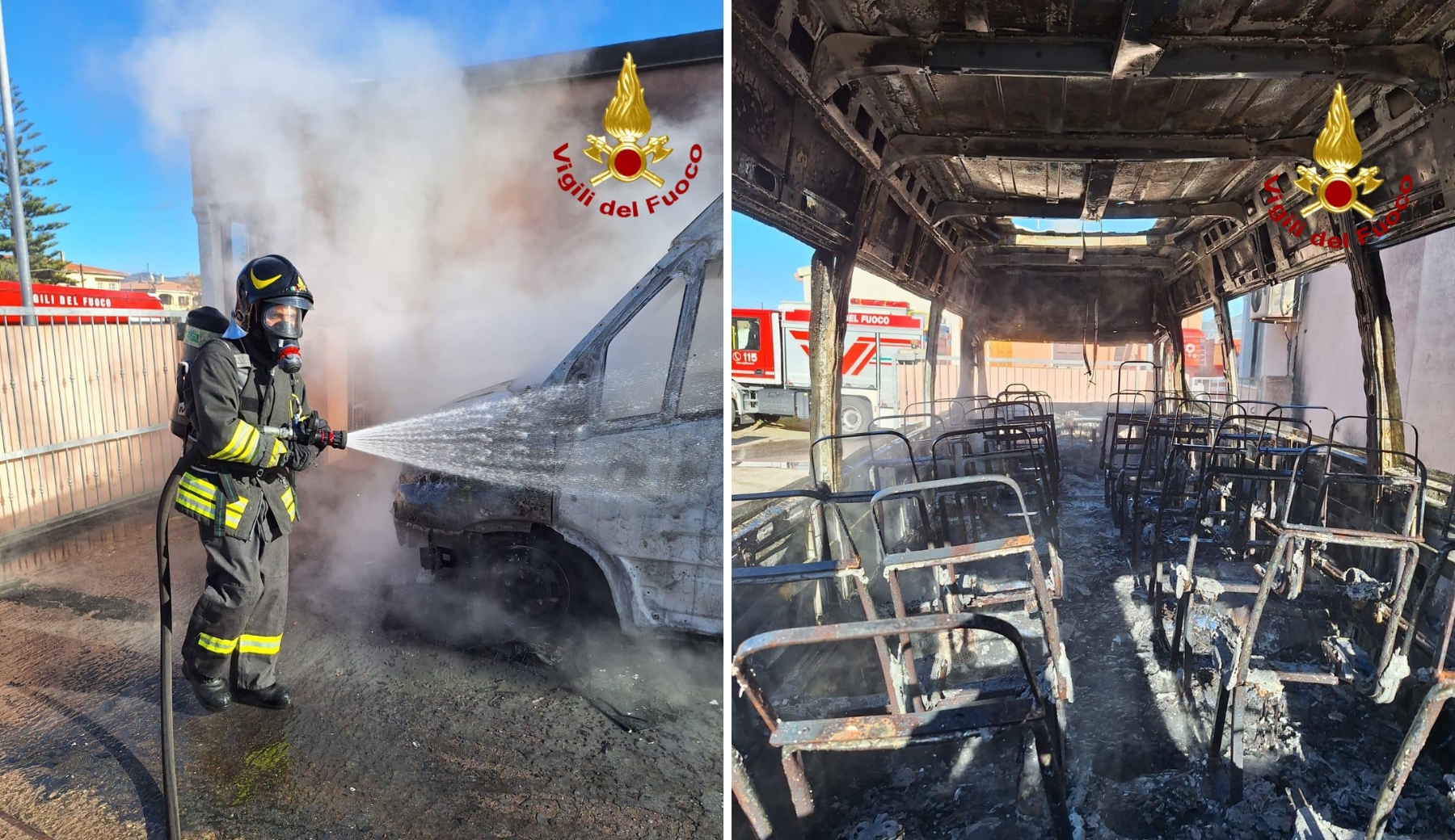 Scuolabus in fiamme nell'autoparco, scatta l'allarme